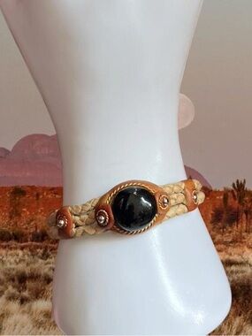 Braided Beige Leather Bracelet with Black Stone Accent